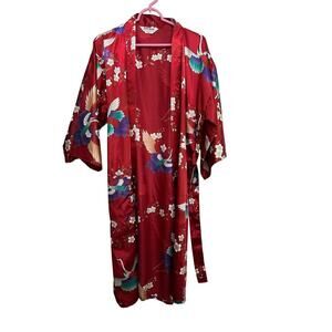 Japanese ichiban Women's Red Birds Floral Silky Kimono Robe Size 42